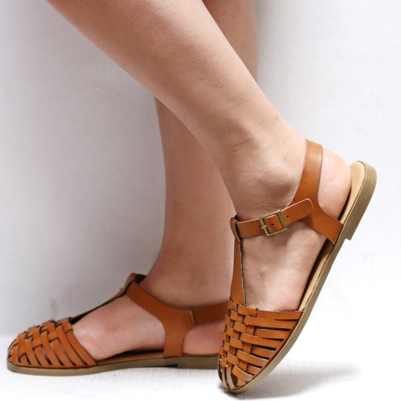 New Tan Huarache Woven T-Strap Flats Sandals - Picture 3 of 3